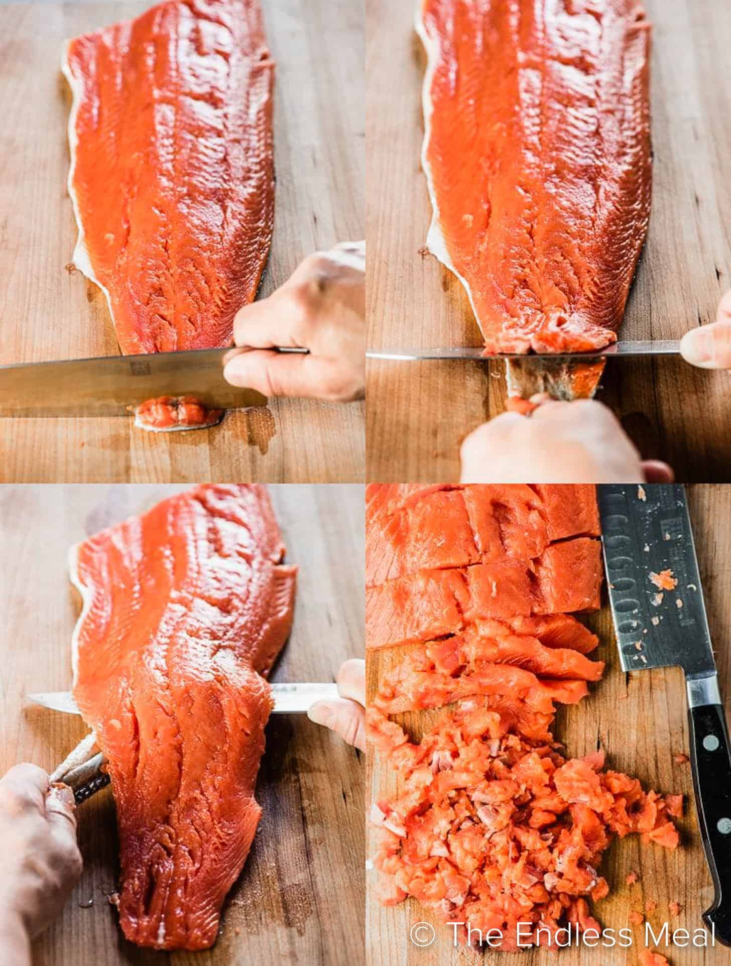 4 pictures showing how to remove salmon skin
