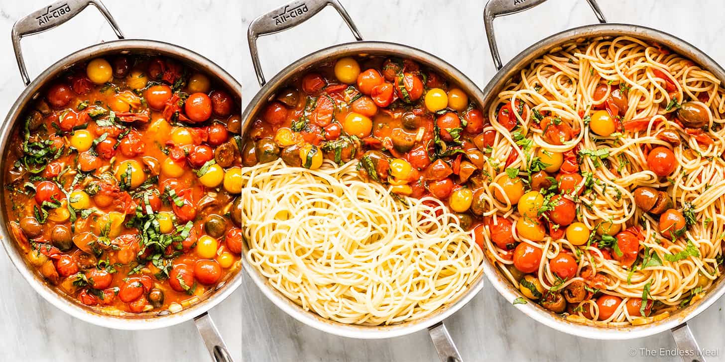 4 pictures showing how to make fresh summer spaghetti.