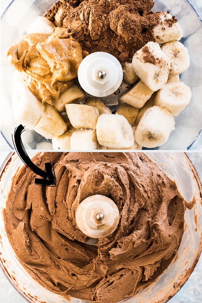 Before and after pictures of making chocolate banana ice cream in a food processor.