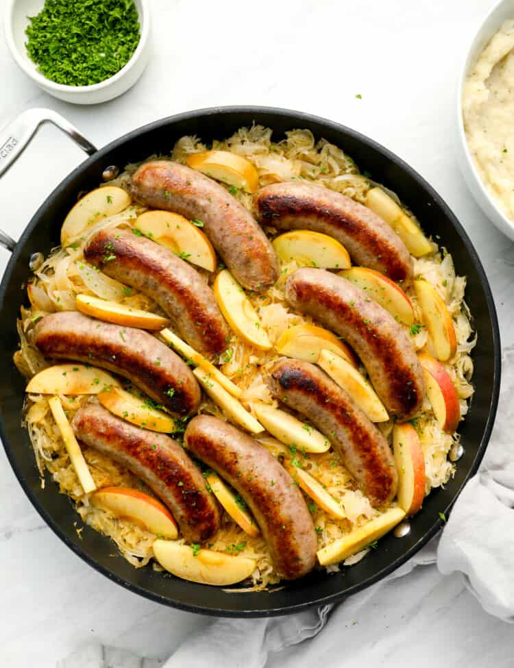 Bratwurst and Sauerkraut in a pan