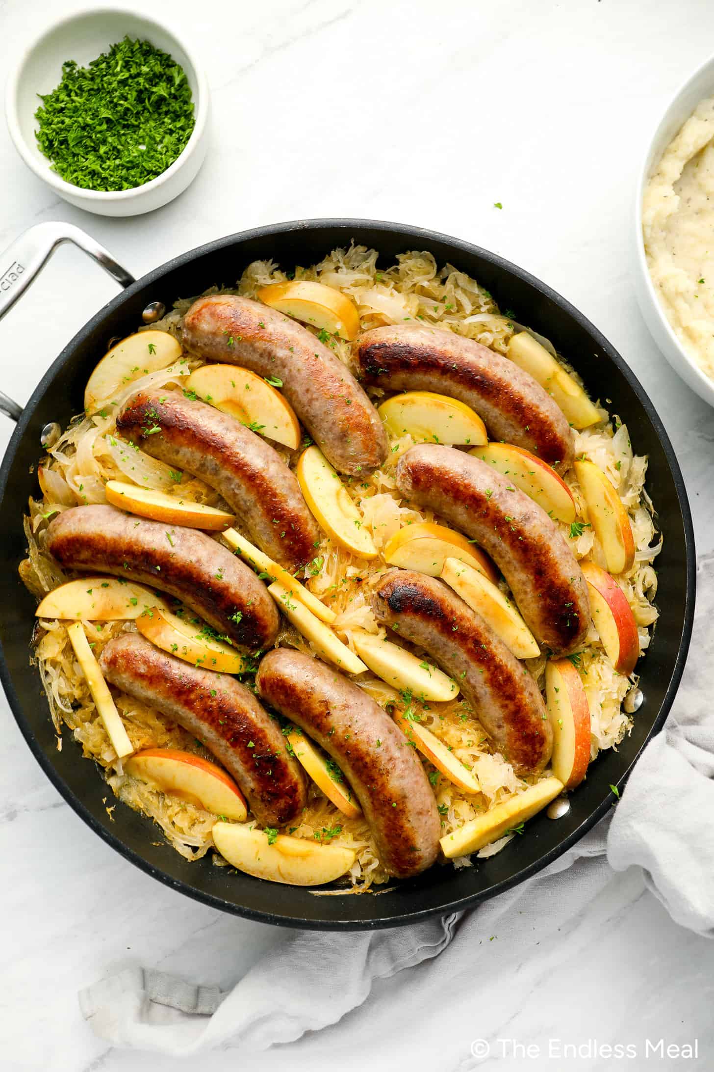 Bratwurst and Sauerkraut in a pan