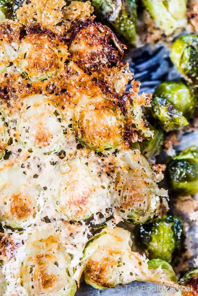 Parmesan brussels sprouts on a baking sheet with melted parmesan sticking to the brussels. 