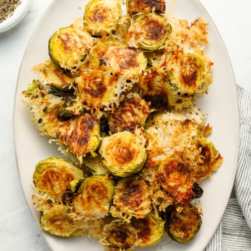 Parmesan Brussels Sprouts on a serving platter
