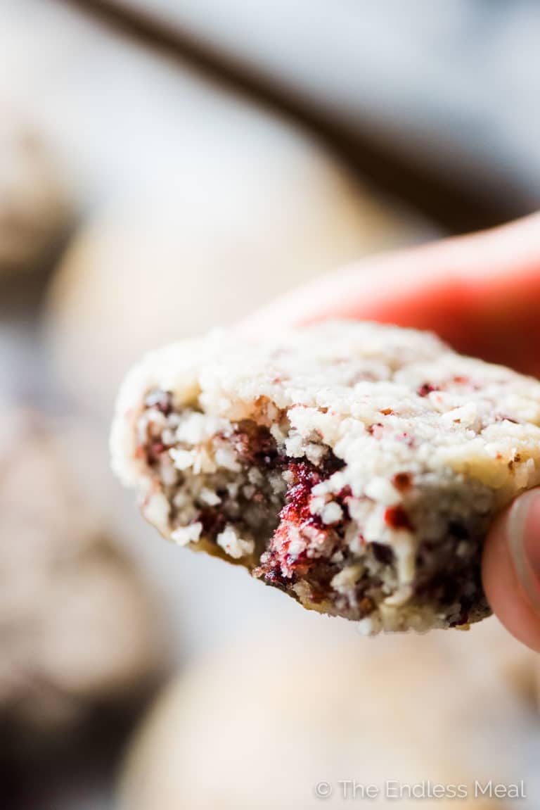 A hand holding one of the Cranberry Coconut Macaroons with a bite out of it. 
