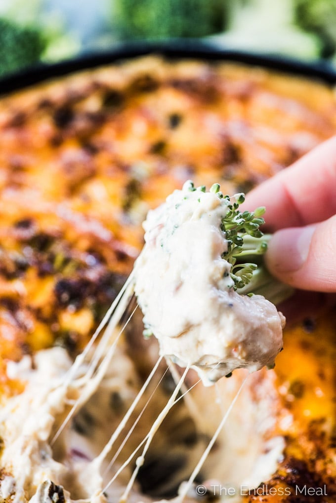 A hand dipping a piece of broccoli in the hot cheese dip.