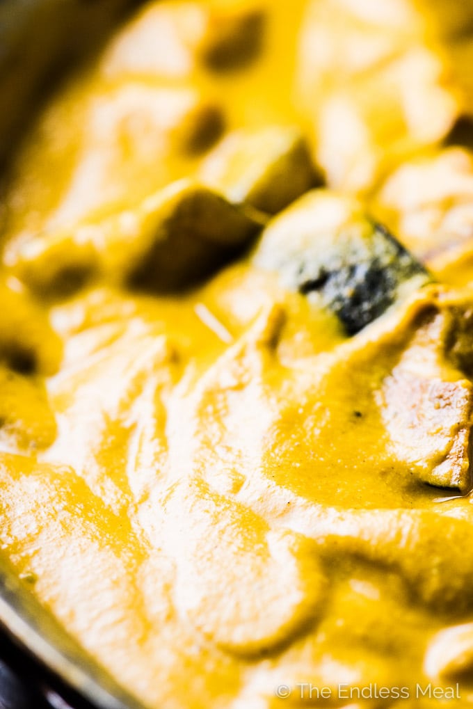 A close up shot of the creamy pumpkin curry in a pot. 