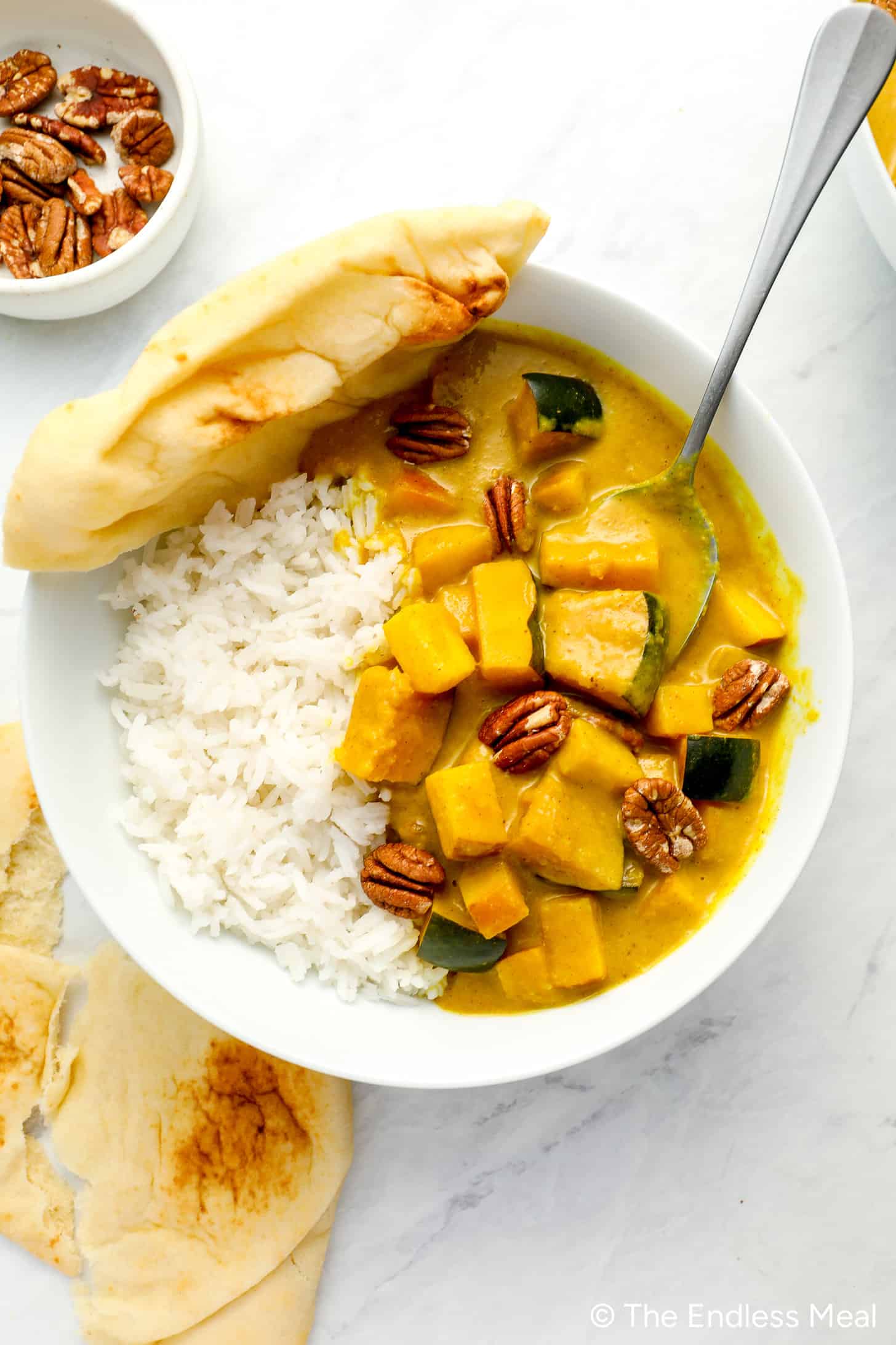 Pumpkin Curry with rice in a dinner bowl