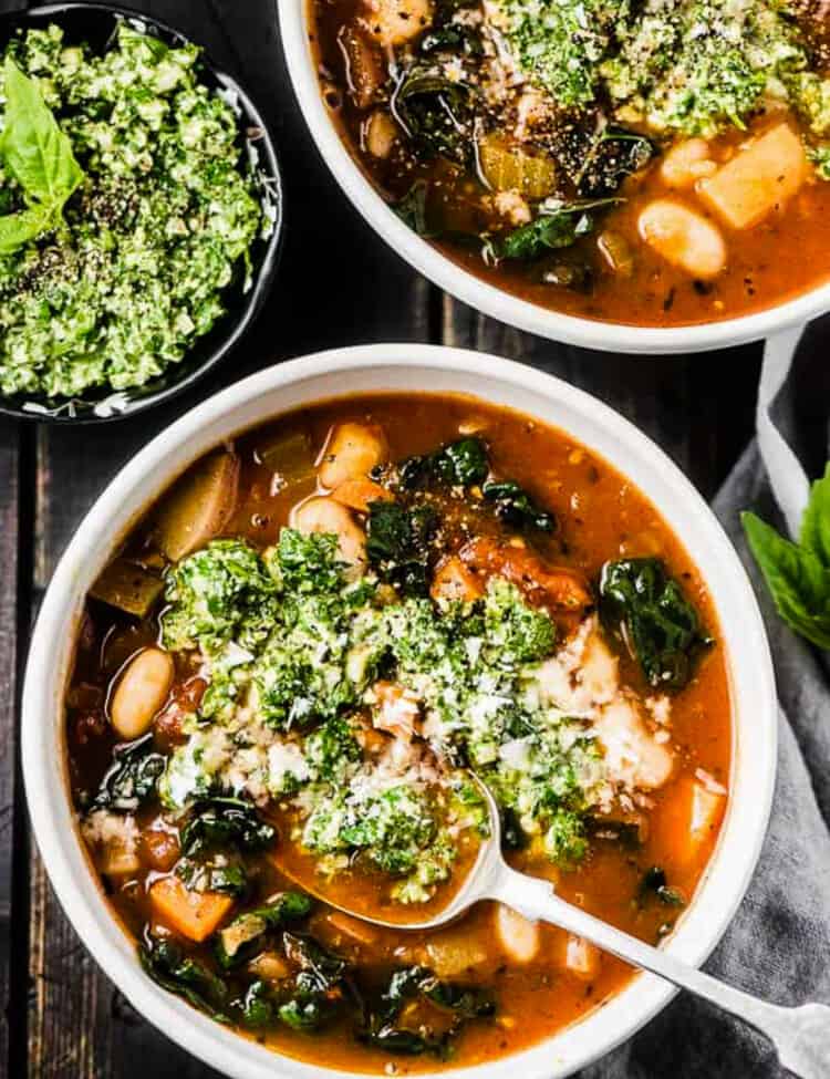 Kale Minestrone Soup in bowls on the dinner table