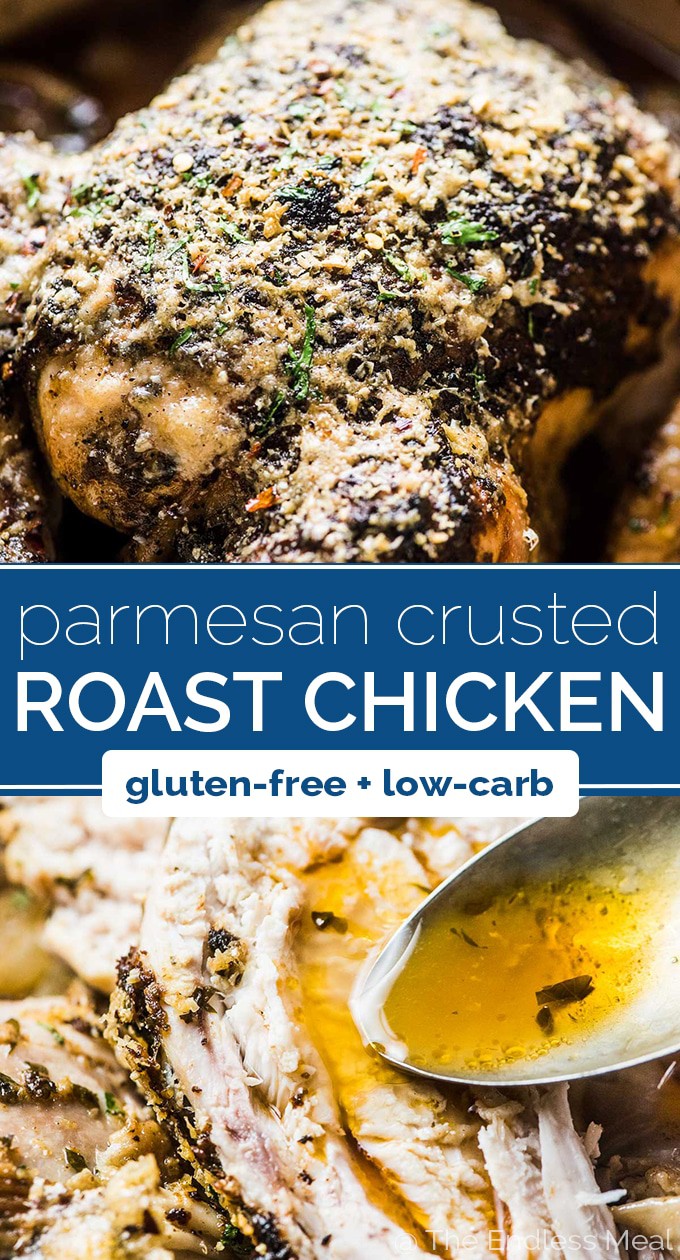 SAVE FOR LATER! Roasted Garlic Parmesan Crusted Chicken is super easy to make and insanely delicious. The parmesan creates a salty, crispy crust and keeps the meat super juicy. You will love this roast chicken recipe! #theendlessmeal #glutenfree #lowcarb #keto #chicken #roastchicken #roastedchicken #christmas #parmesan #parmesanchicken #healthyrecipes 