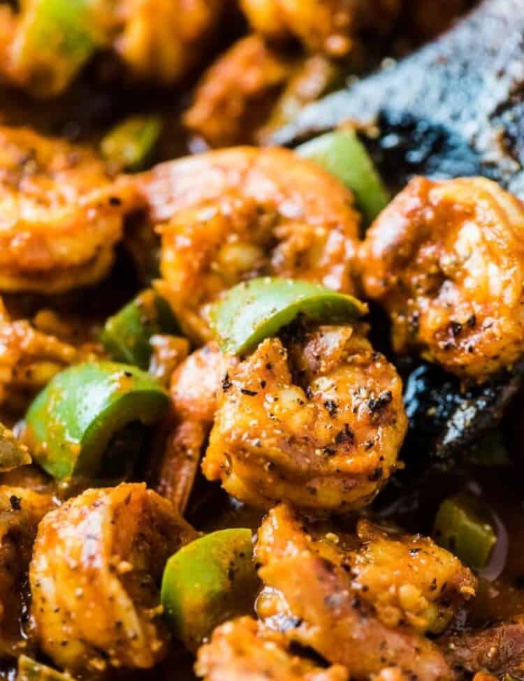 Spicy Cajun Shrimp Skillet with lots of green peppers.