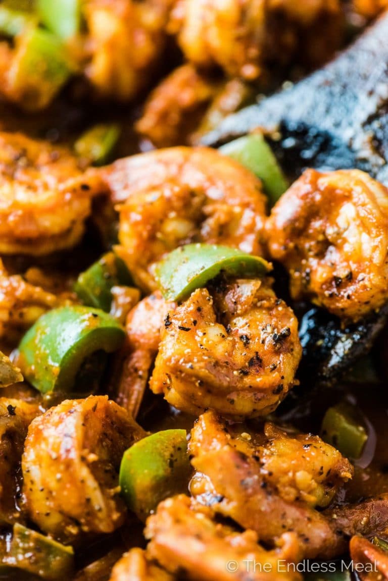 Spicy Cajun Shrimp Skillet with lots of green peppers.
