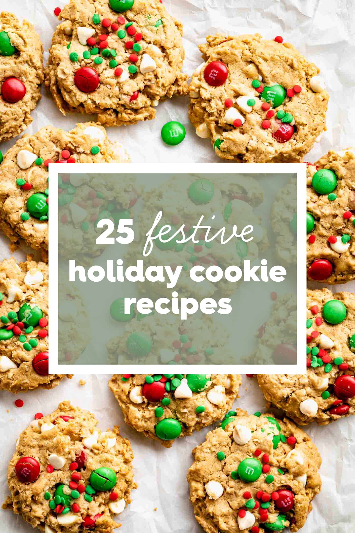 Christmas cookies with the words 25 festive holiday cookie recipes on top. 