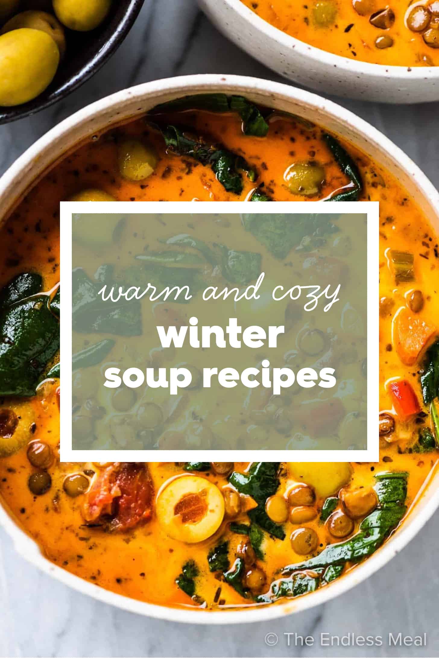 A bowl of soup with the words Winter Soup Recipes on top