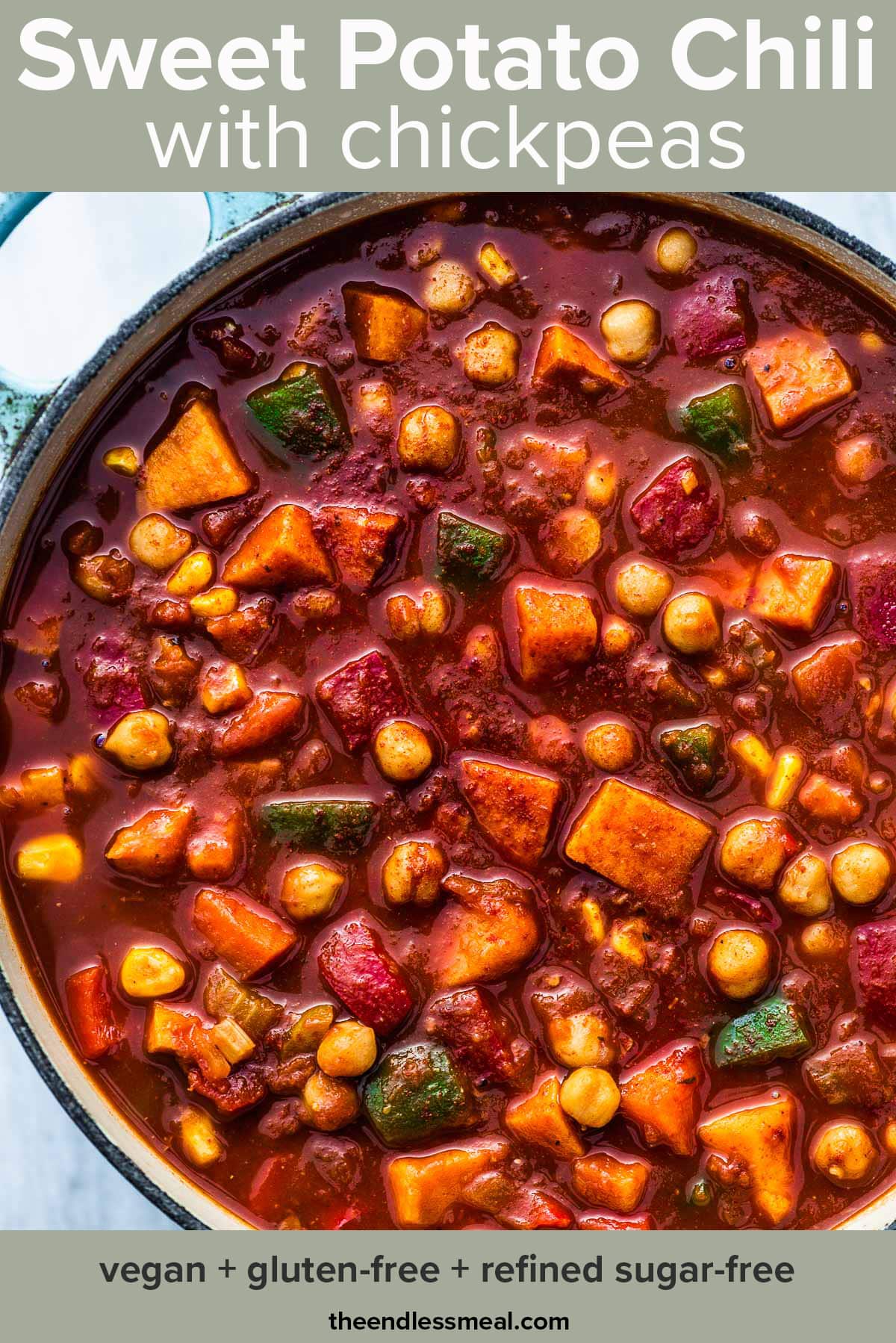 A big pot filled with vegan sweet potato chili with the recipe title on top of the picture. 