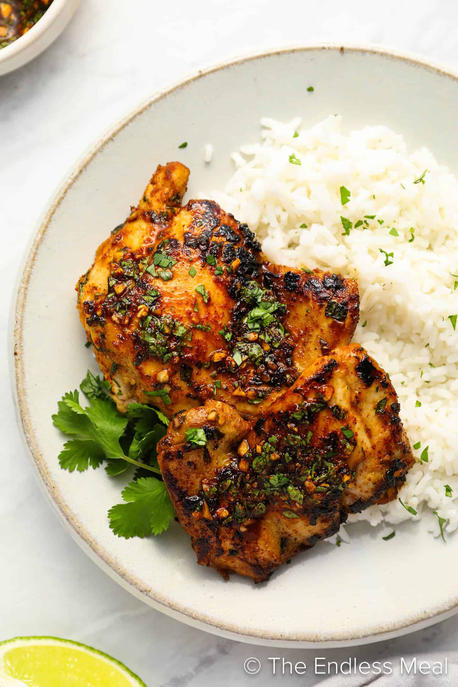 Cilantro Lime Chicken on a dinner plate with rice
