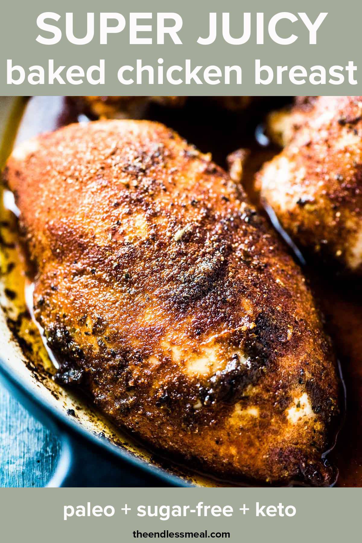 Juicy chicken breasts with the recipe title on top of the picture. 