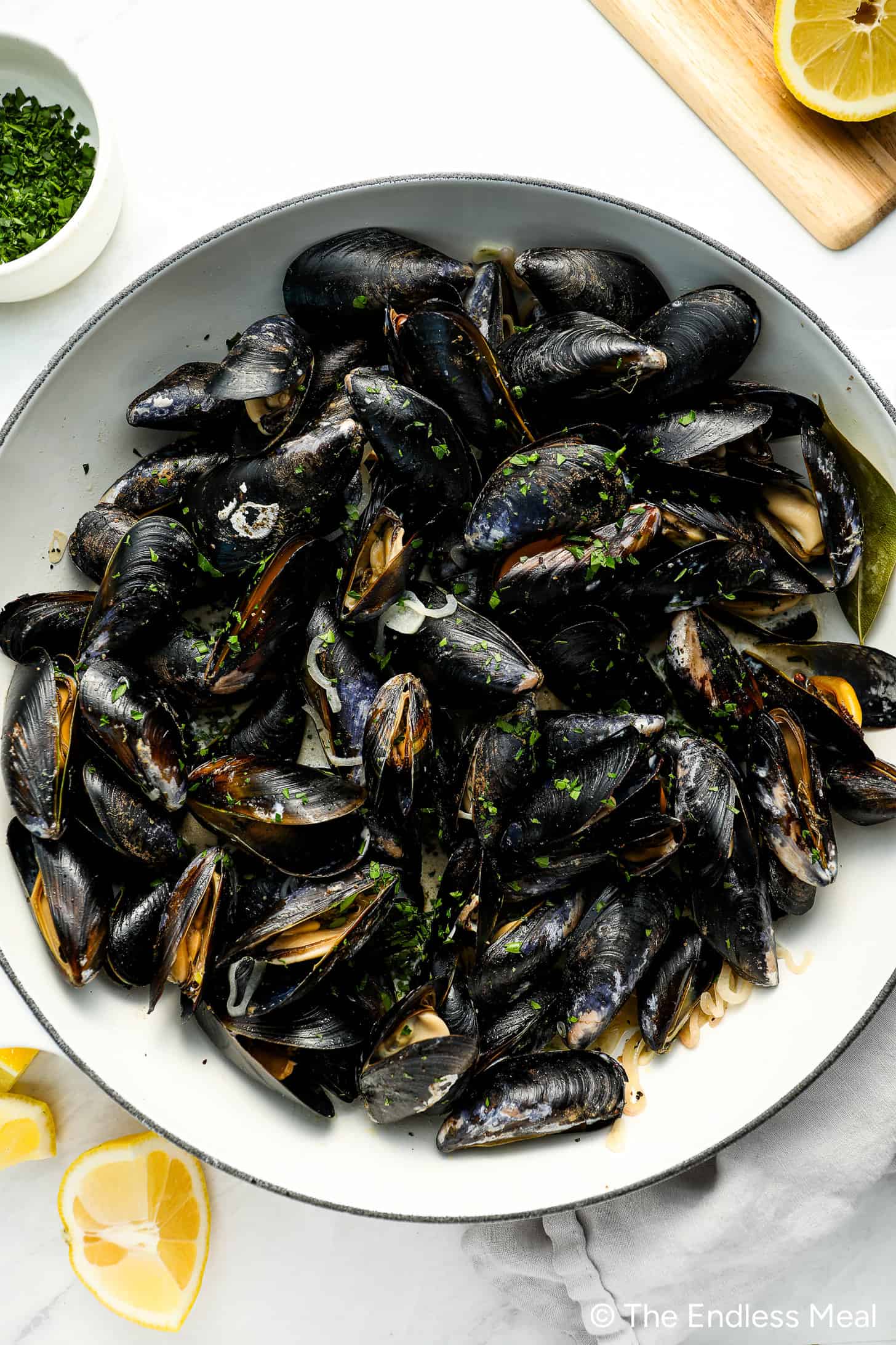 This mussels recipe in a serving bowl.