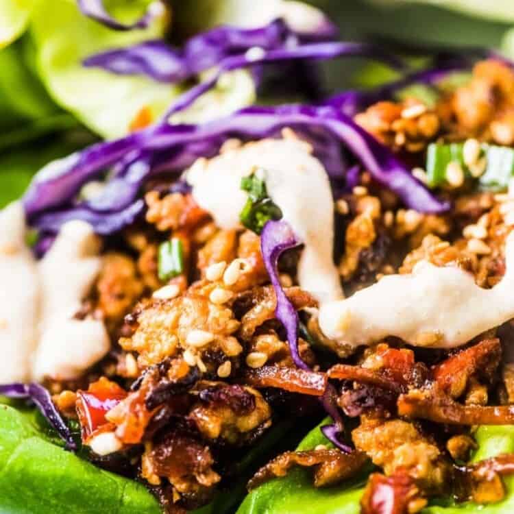 A close up of this turkey lettuce wraps recipe with tahini sauce drizzled over the top.