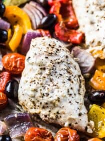 A close up of tzatziki chicken on a sheet pan with greek vegetables all around.