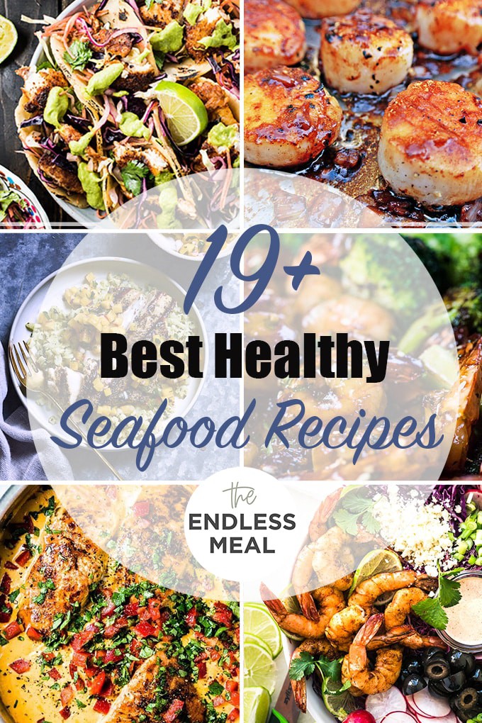A collage of 6 of the best healthy seafood recipes with the post title on the picture.