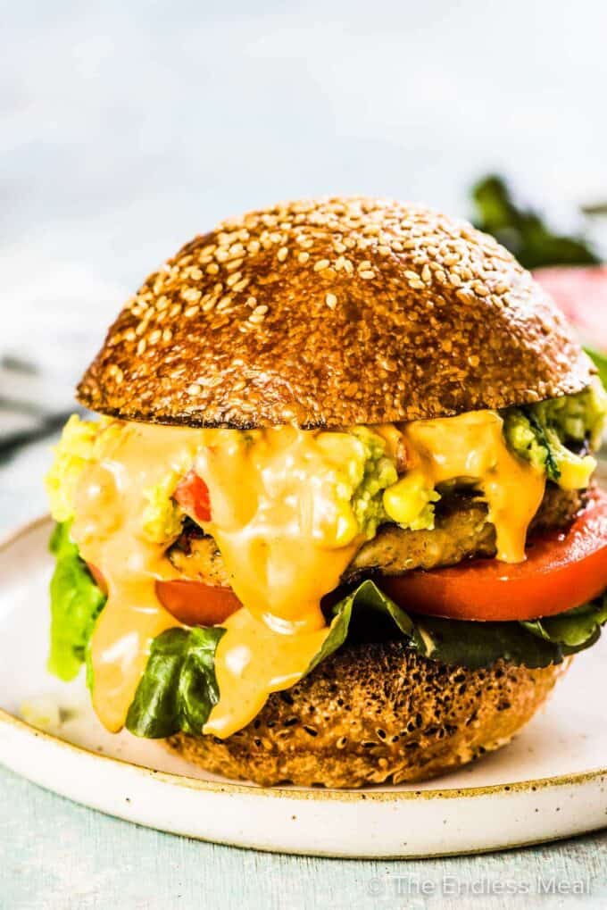 A southwest veggie burger loaded with Tex-Mex guacamole and lots of drippy chipotle aioli.