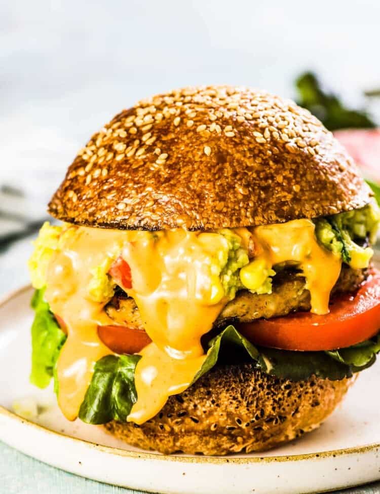 A southwest veggie burger loaded with Tex-Mex guacamole and lots of drippy chipotle aioli.