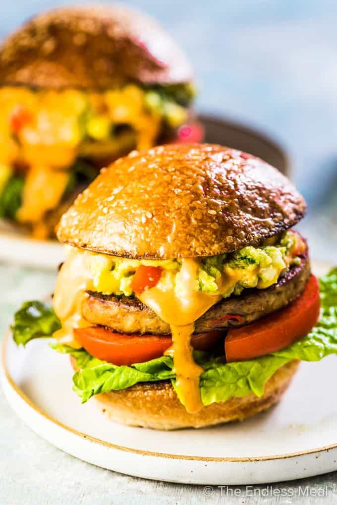 Two southwest veggie burgers loaded with Tex-Mex guacamole and chipotle aioli.