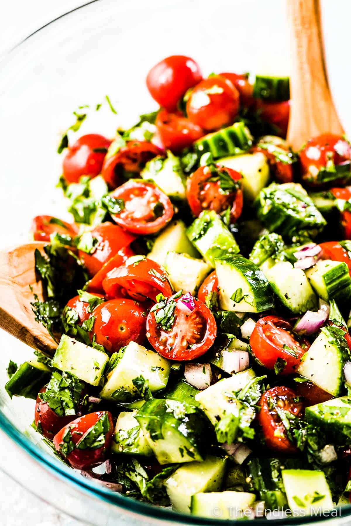 A close up of this cucumber and tomato salad recipe in a glass bowl.