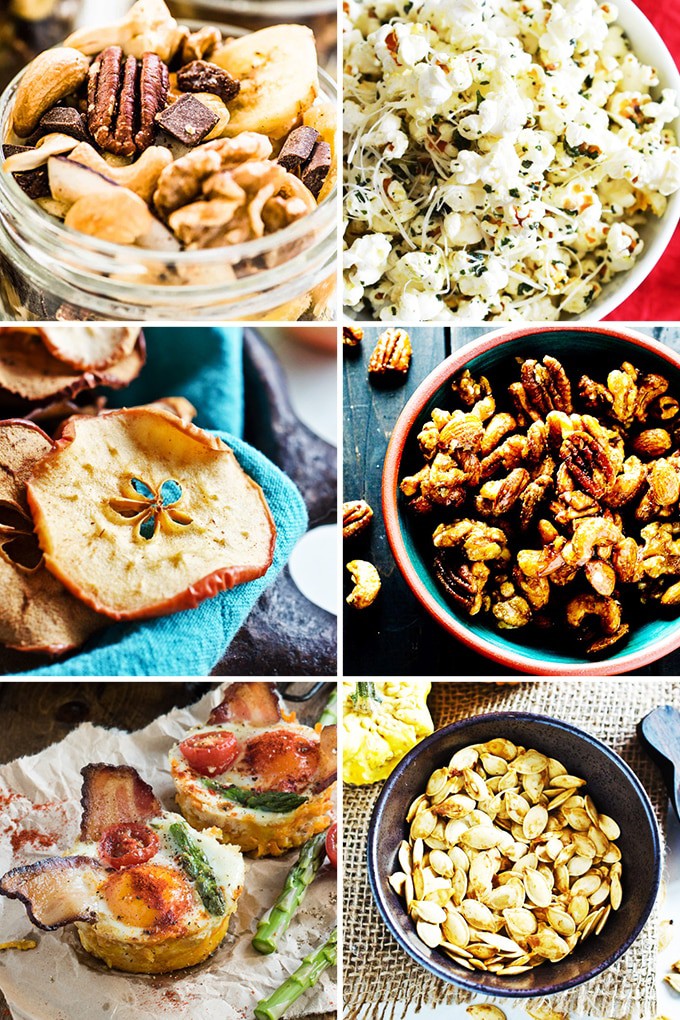 A collage of healthy packable snacks.