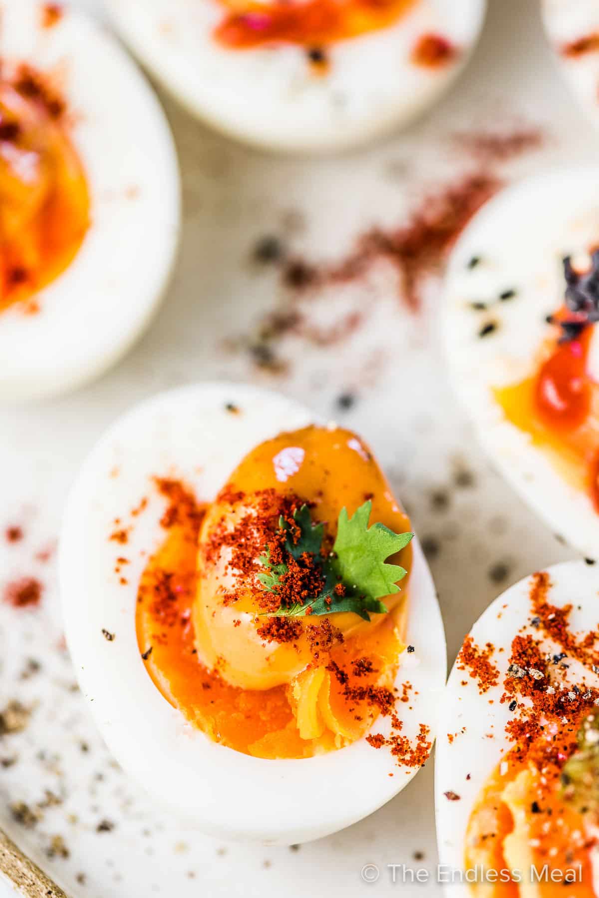 A close up of a chipotle deviled egg.