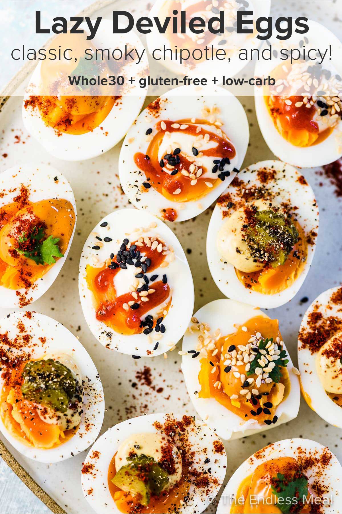 Lazy deviled eggs on a plate with the recipe title on top of the picture. 