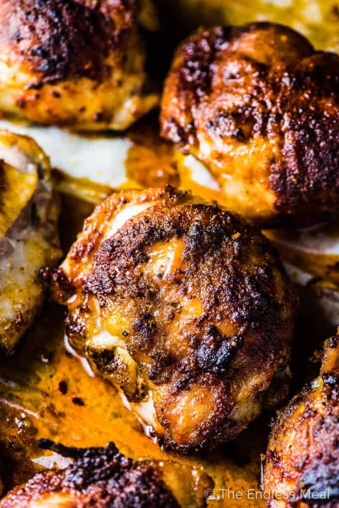 This juicy baked chicken thighs recipe hot out of the oven.