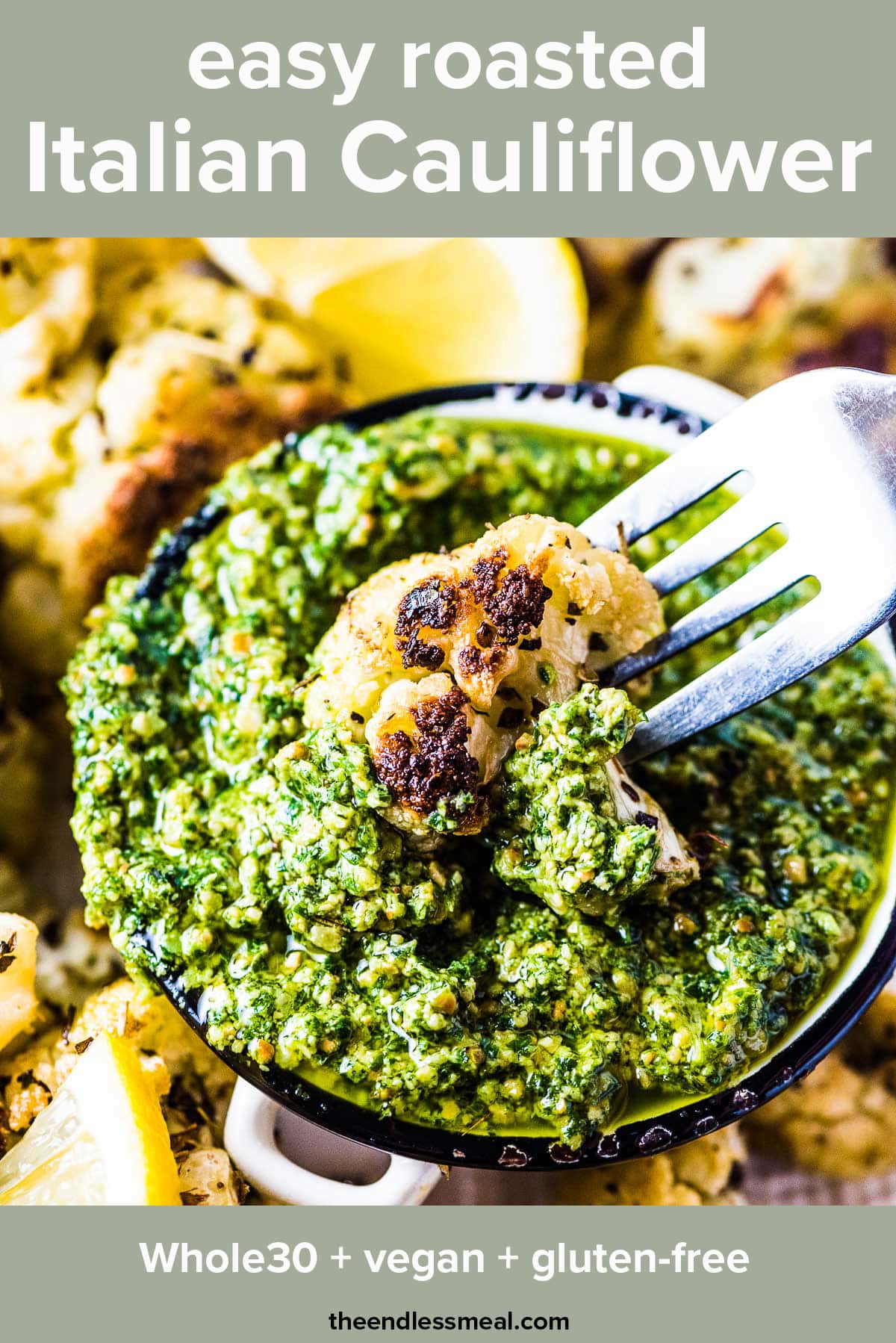 A fork dipping some Italian cauliflower into pesto with the recipe title on top of the picture.