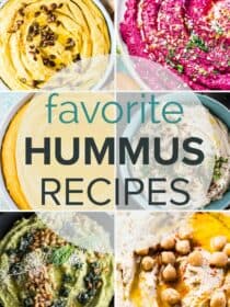 A collage of 6 of the best hummus recipes with the post tile on the picture.