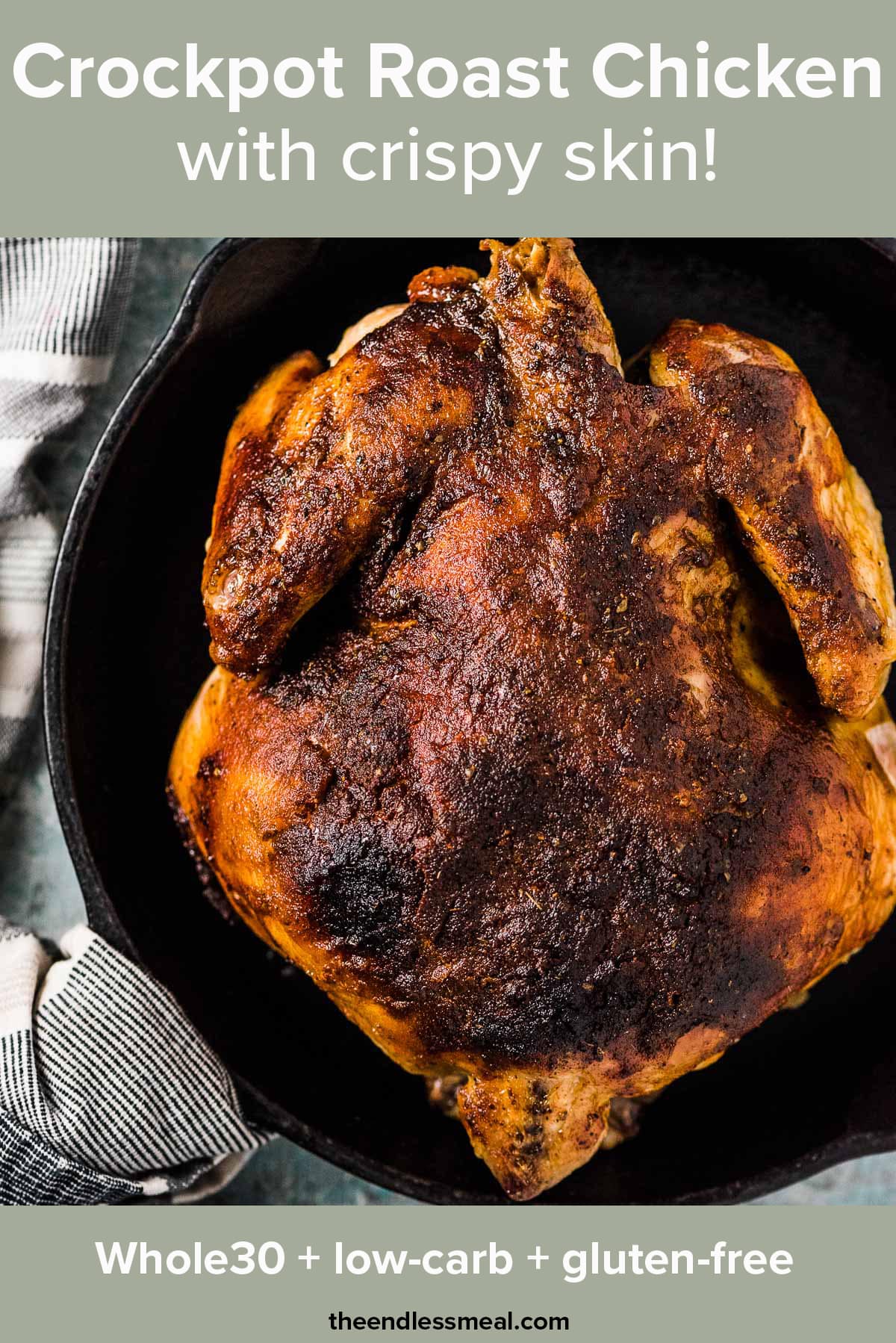 Slow cooker roast chicken in a pan with the recipe title on top of the page. 