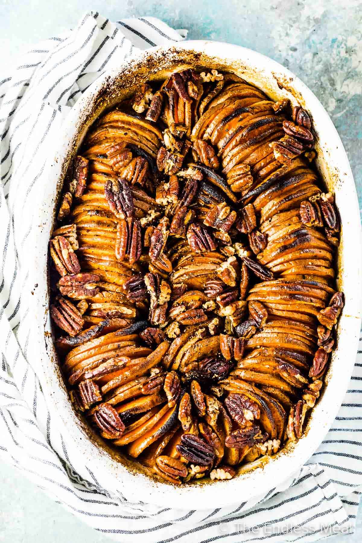 This pretty sweet potato casserole with peppery pecans over the top.