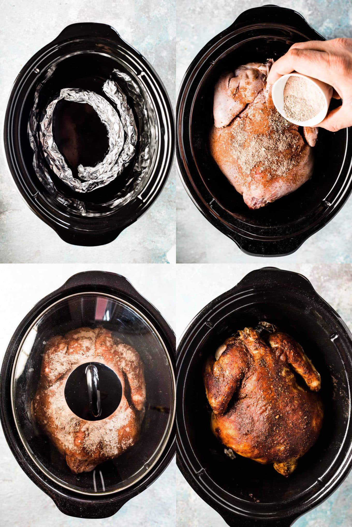 A collage of how to make crockpot roasted chicken.