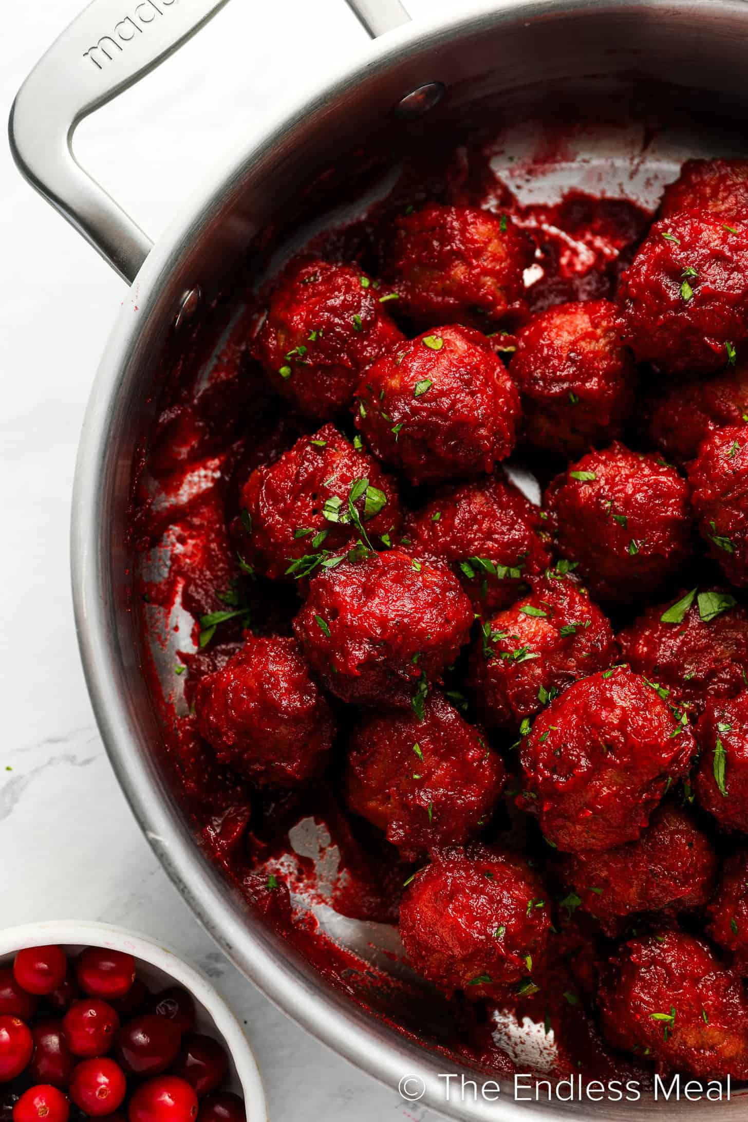 Cranberry Meatballs in a pan.