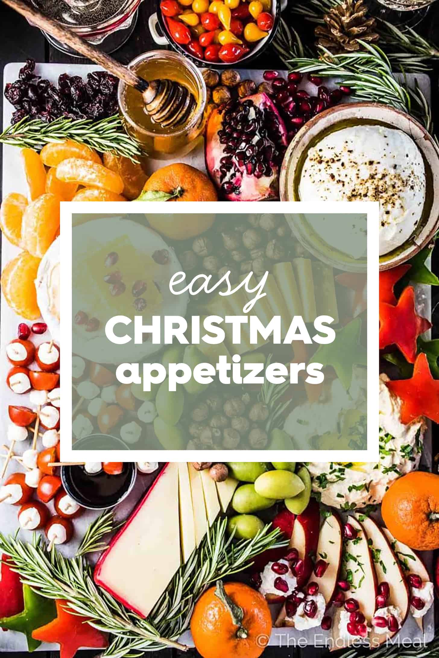 A holiday appetizer platter with the words easy Christmas appetizers on top.