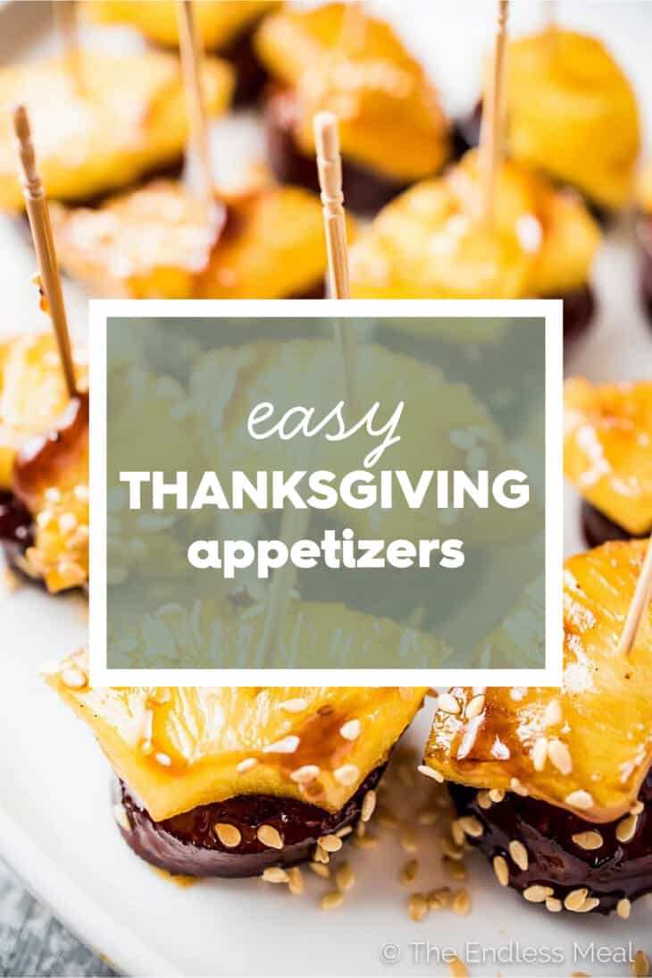 Appetizer bites with the words easy Thanksgiving appetizers on top. 