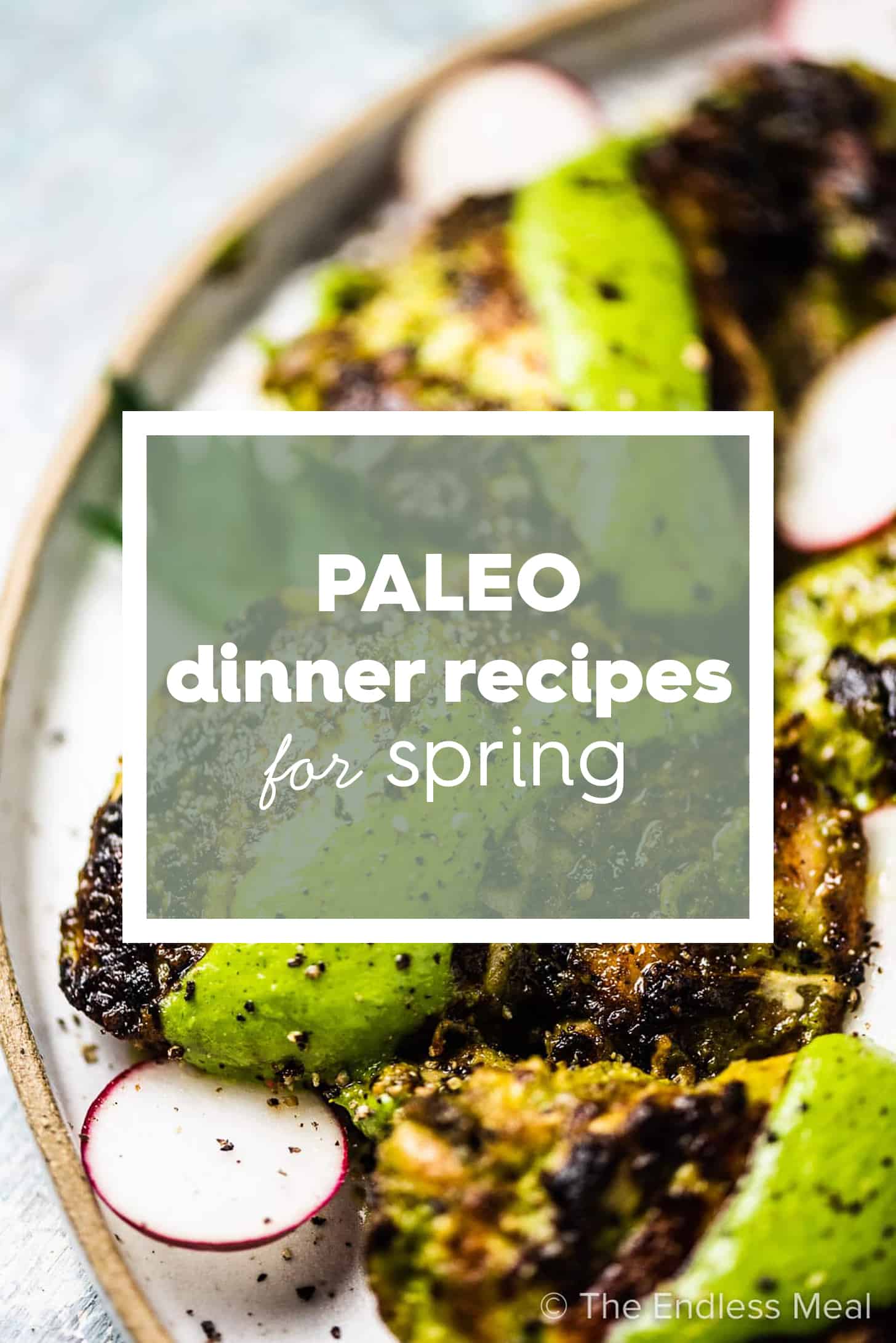 Paleo chicken with the words Best Paleo Spring Dinner Recipes on top. 
