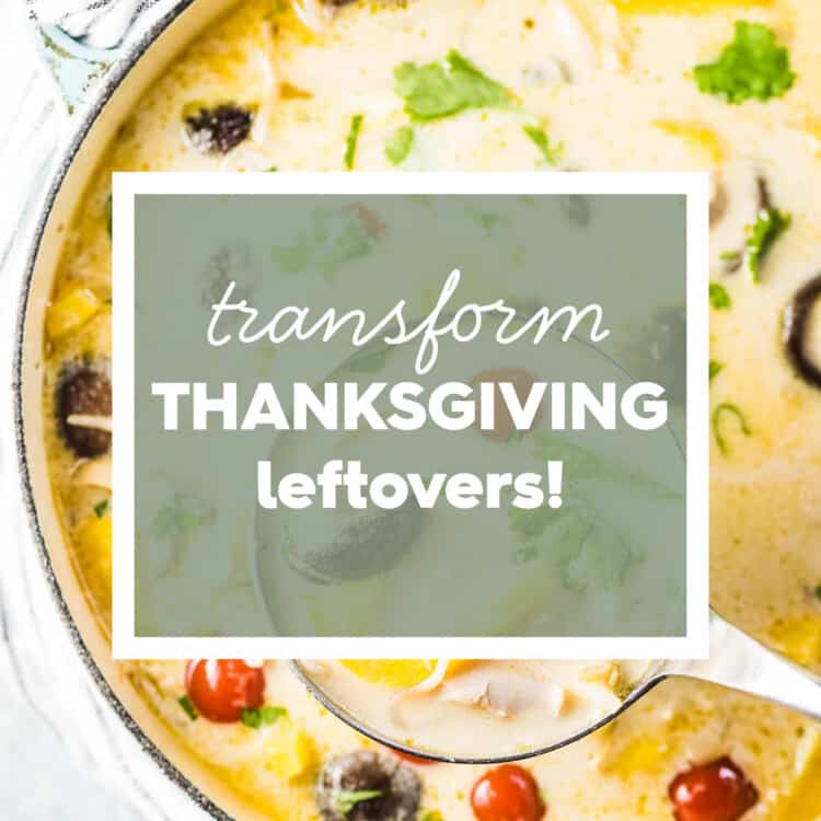 A pot of turkey soup with the words thanksgiving leftovers recipes on top.