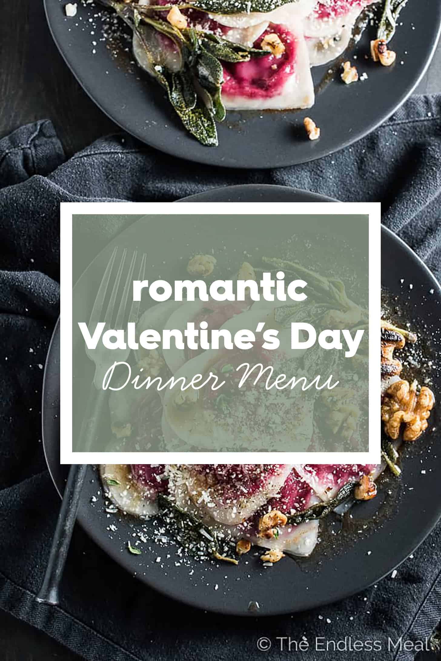 heart shaped pasta with the words Romantic Valentine's Day Dinner Menu for Two on top. 