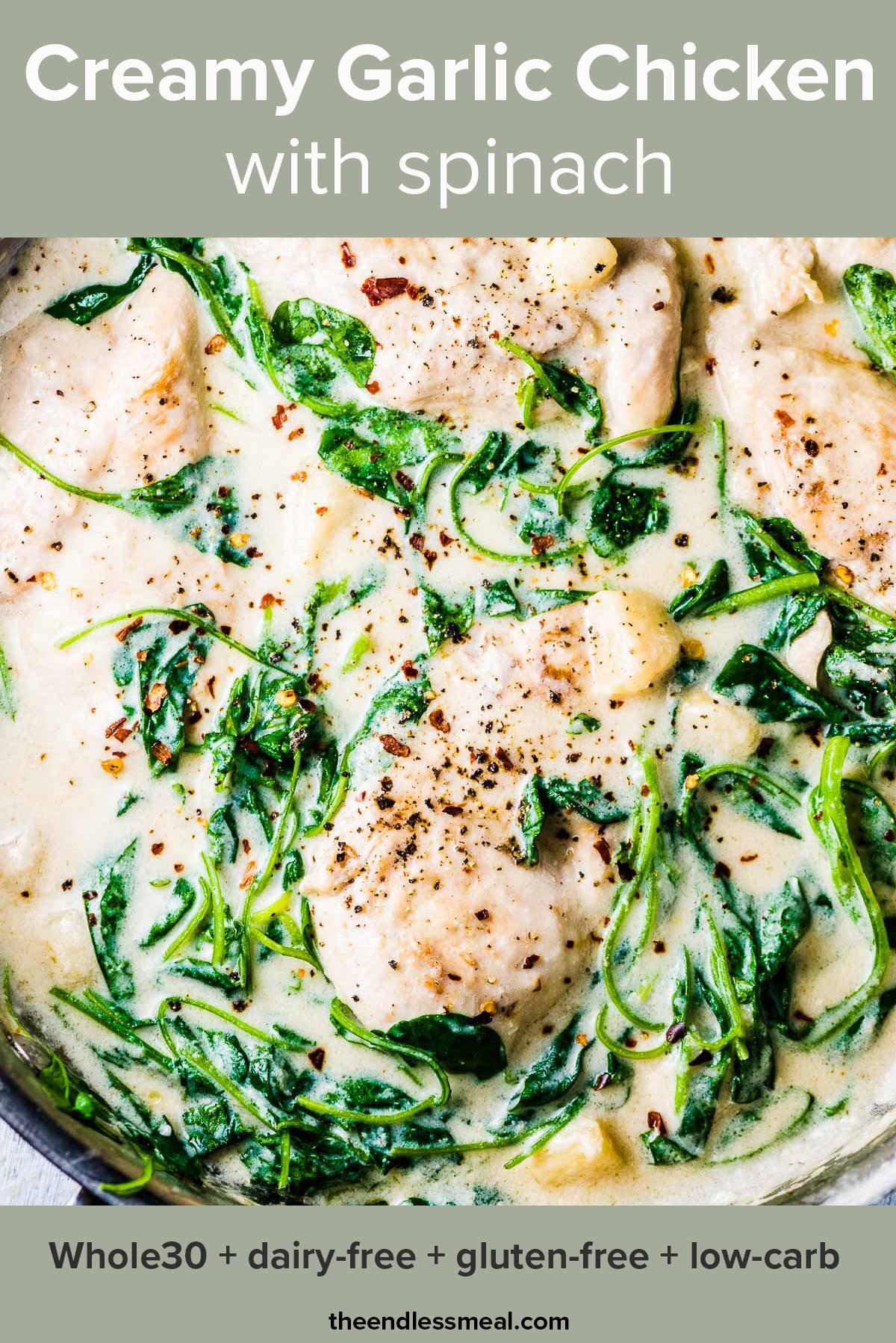 Creamy Garlic Chicken in a pan with the recipe title on top of the picture.