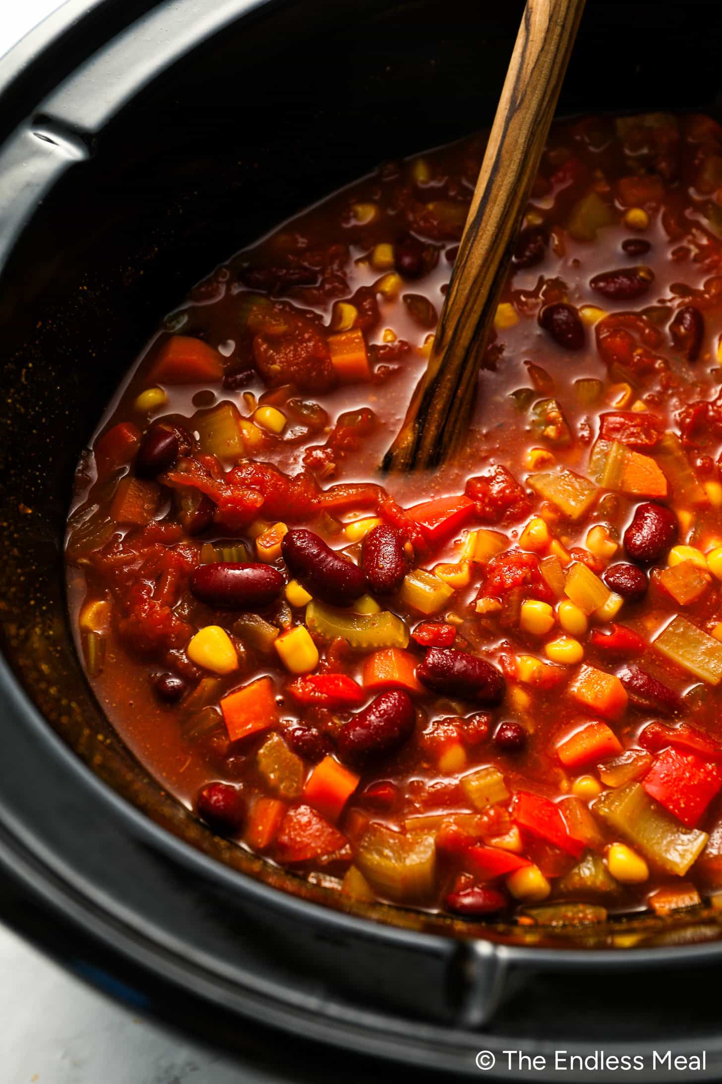 Slow Cooker Vegetarian Chili cooking in a crockpot