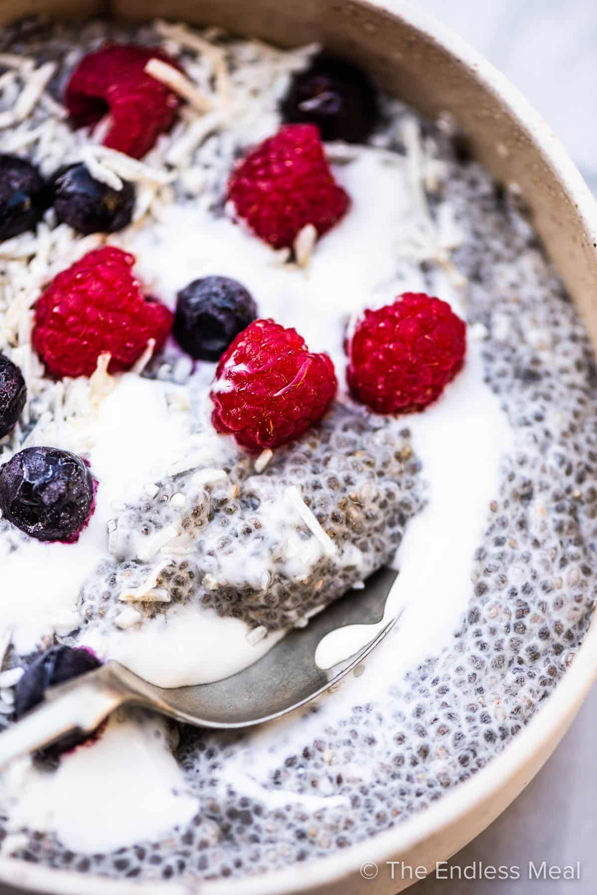 A closeup of a spoon scooping some coconut chia seed pudding.