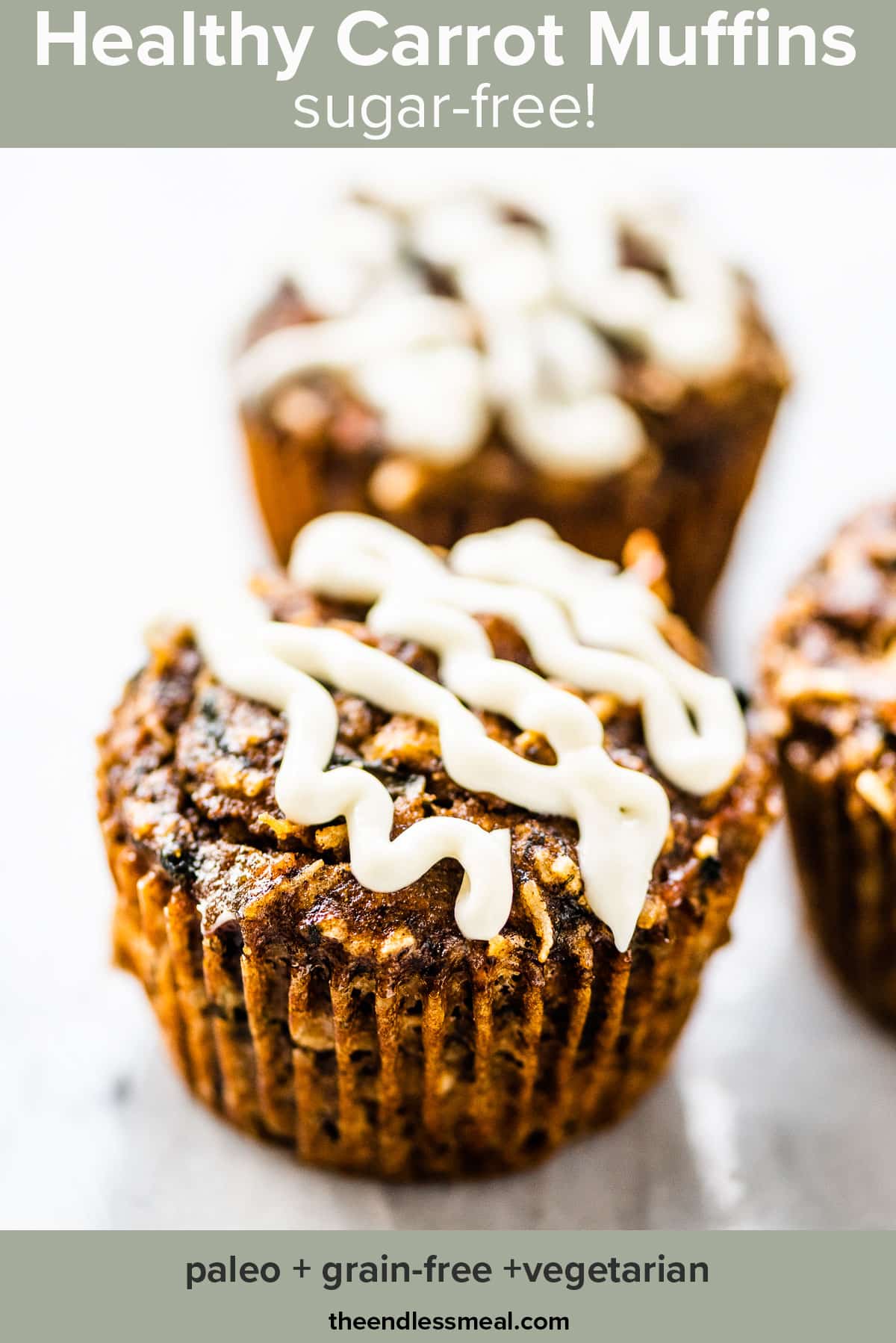 Healthy carrot cake muffins with honey cream cheese frosting and the recipe title on top of the picture. 
