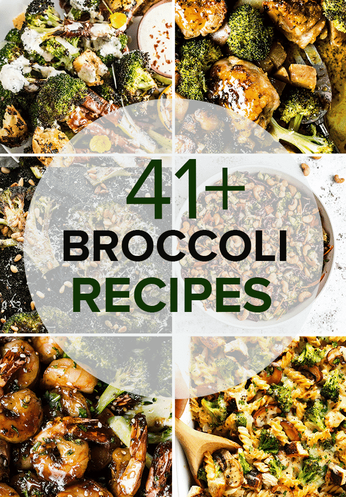 Six photos of recipes featuring broccoli in a grid with a circle on top and the words 41+ broccoli recipes