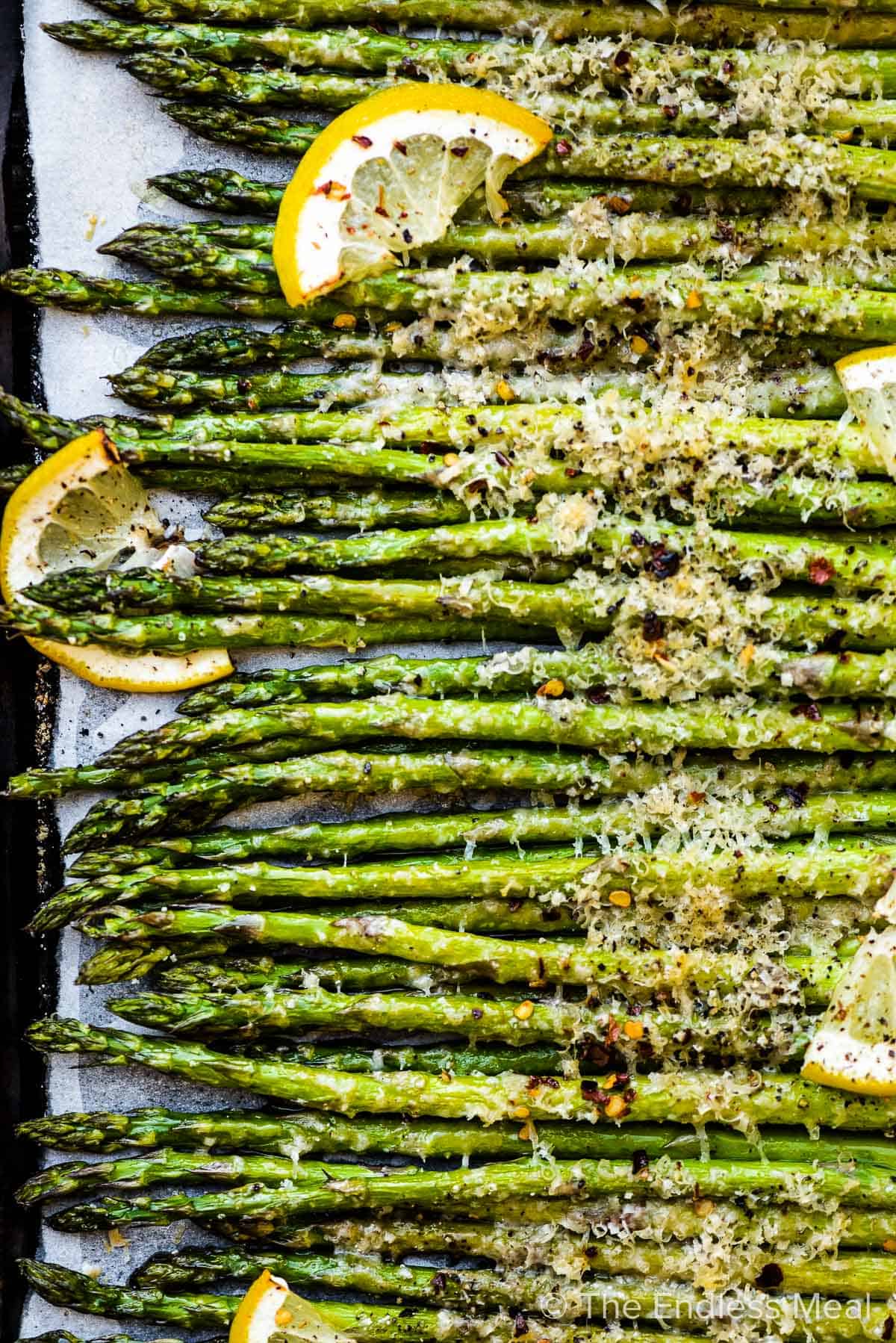 A close up of roasted asparagus.