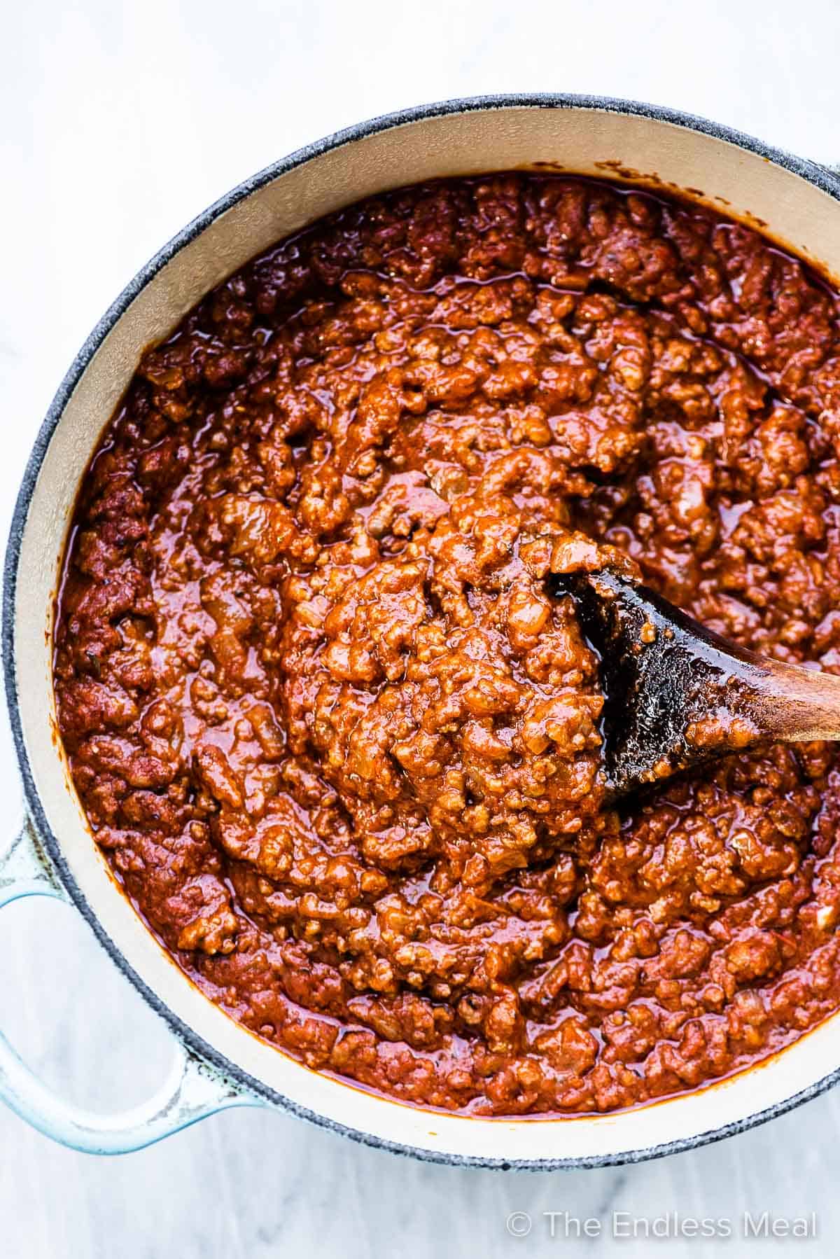 A pot of homemade spaghetti sauce.